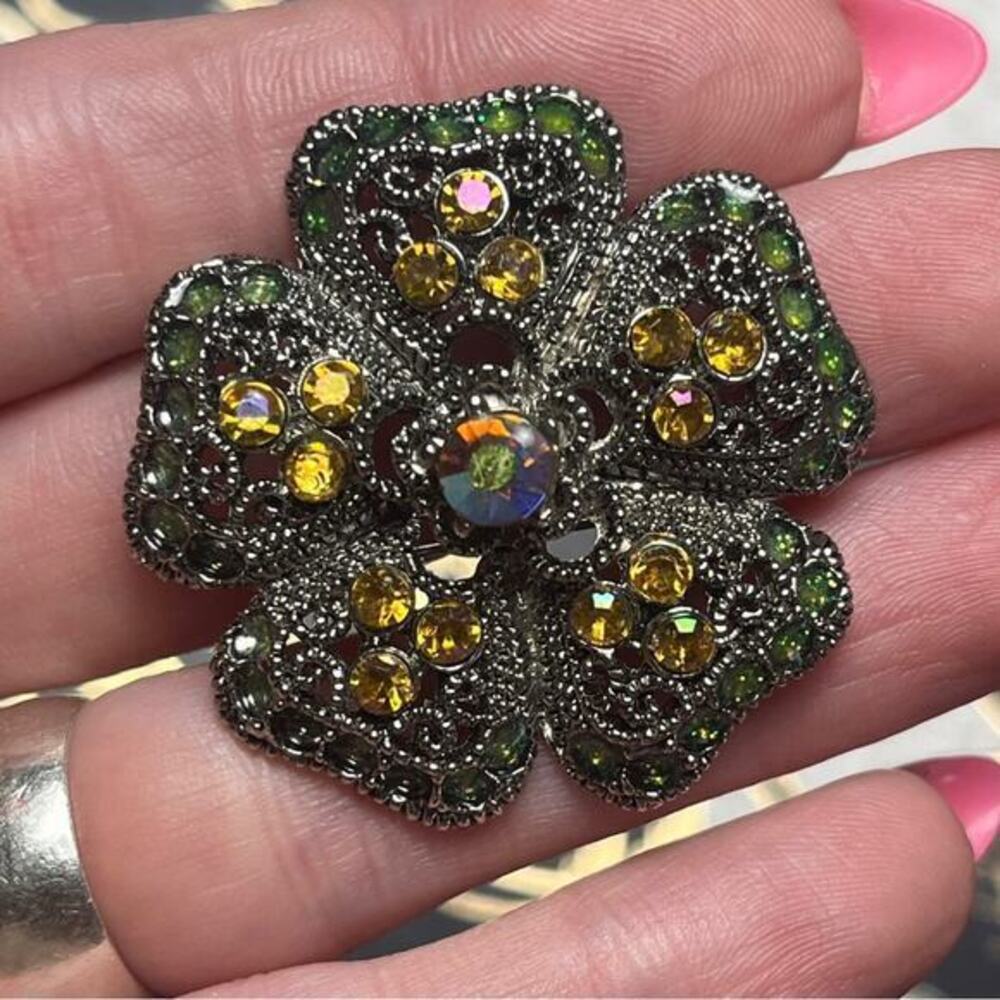 Vintage Sparkling AB Stone Green Enamel Yellow and Pink Silver Flower Brooch D3